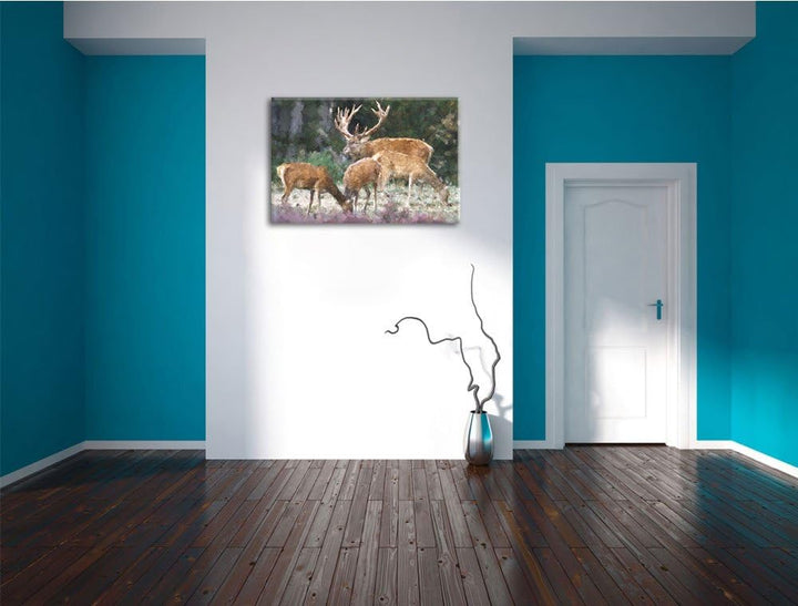 Hirschfamilie auf Waldlichtung NewArt Format: 100x70 cm auf Leinwand, XXL riesige Bilder fertig gera