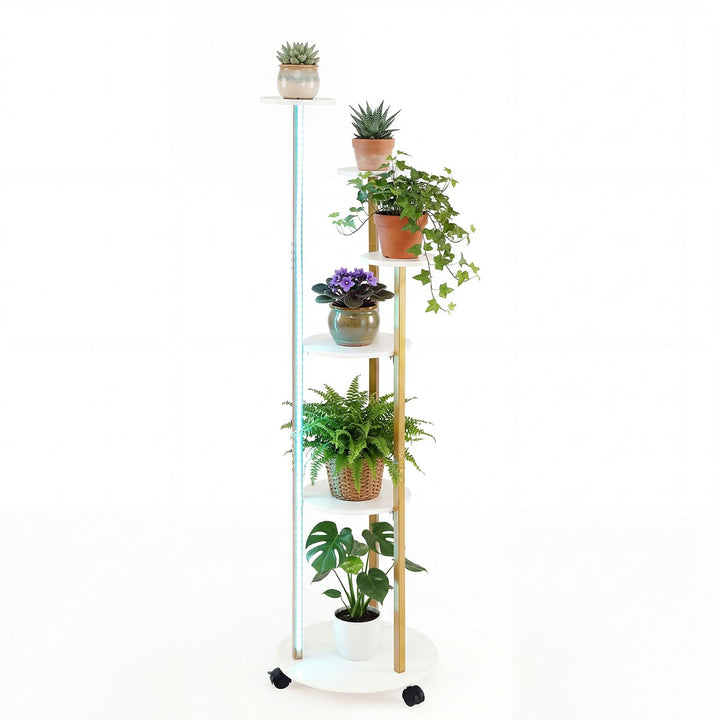COSTWAY Blumenständer, 6-stufiges Pflanzenständer mit LED-Beleuchtung & Rollen, Pflanzenregal Outdoo