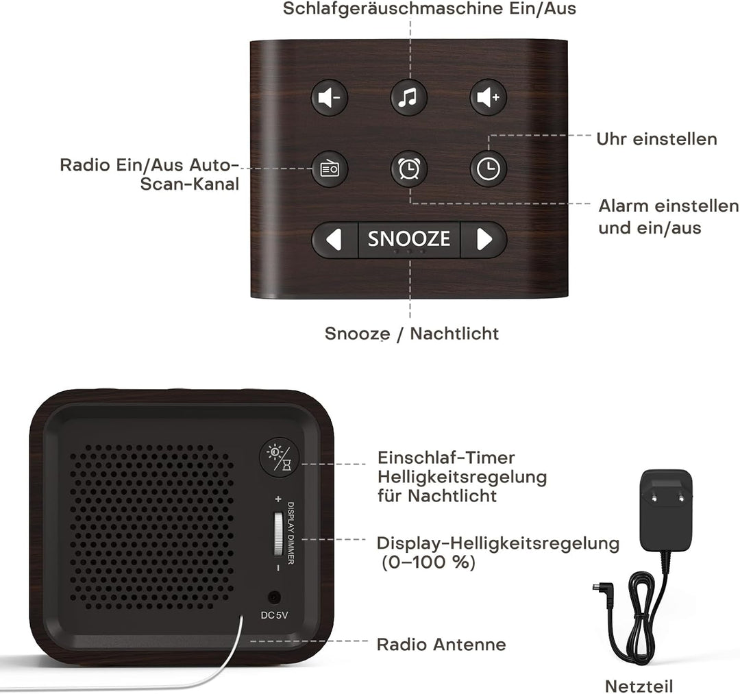 REACHER Radiowecker für das Schlafzimmer, Digitale FM Radiouhr mit Weissrausch-Soundmaschine, 9 Alar