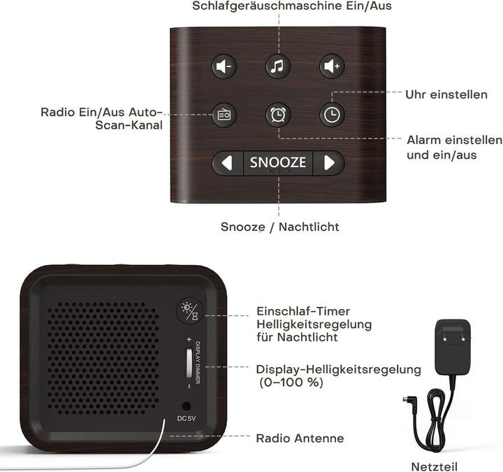 REACHER Radiowecker für das Schlafzimmer, Digitale FM Radiouhr mit Weissrausch-Soundmaschine, 9 Alar