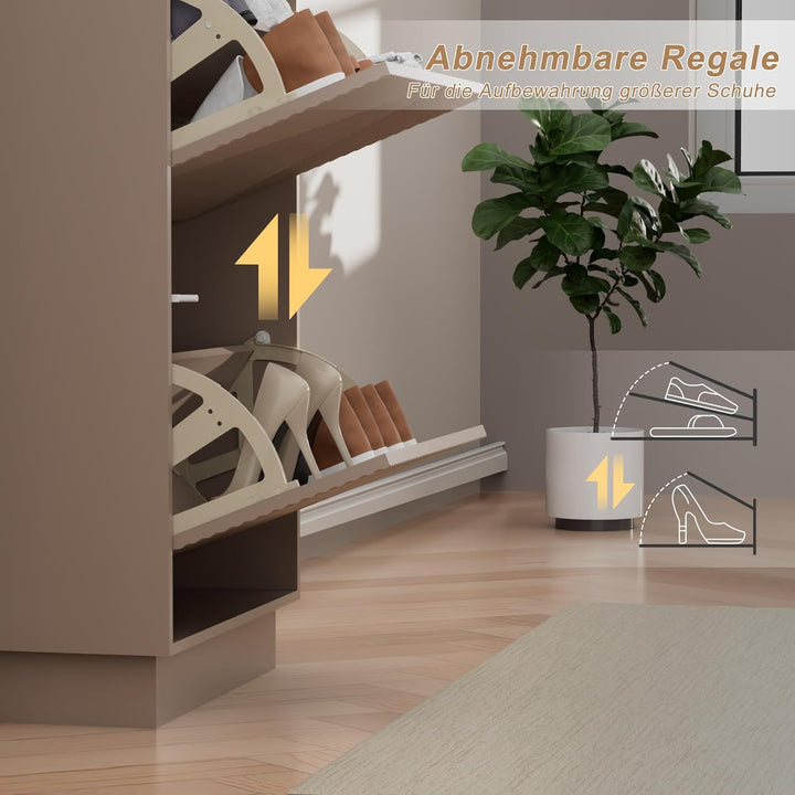 UEV Schuhschrank mit 4 Klappen, Schuhkommode schmal mit Kippschutz, Schuhkipper für Wohnzimmer Schla