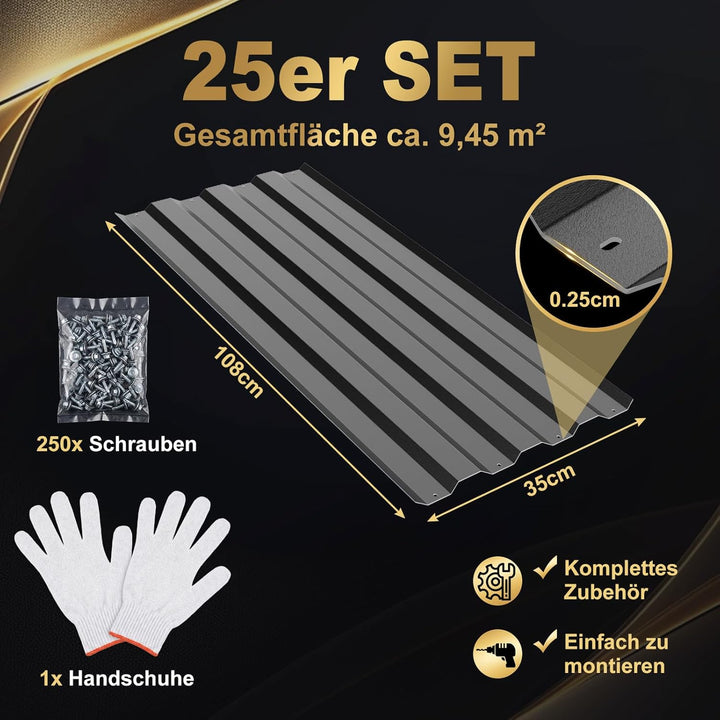Huracan 25 Stück Trapezblech Profilblech Set 108x35cm, 9,45 m² Dachblech verzinkter Stahl 0,25mm, Da