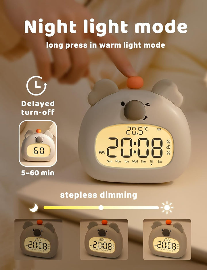 IHALO Koala Kinderwecker, Nachttischwecker mit Koala Nachtlicht, digitales LED-Display, 3,15 Zoll, D