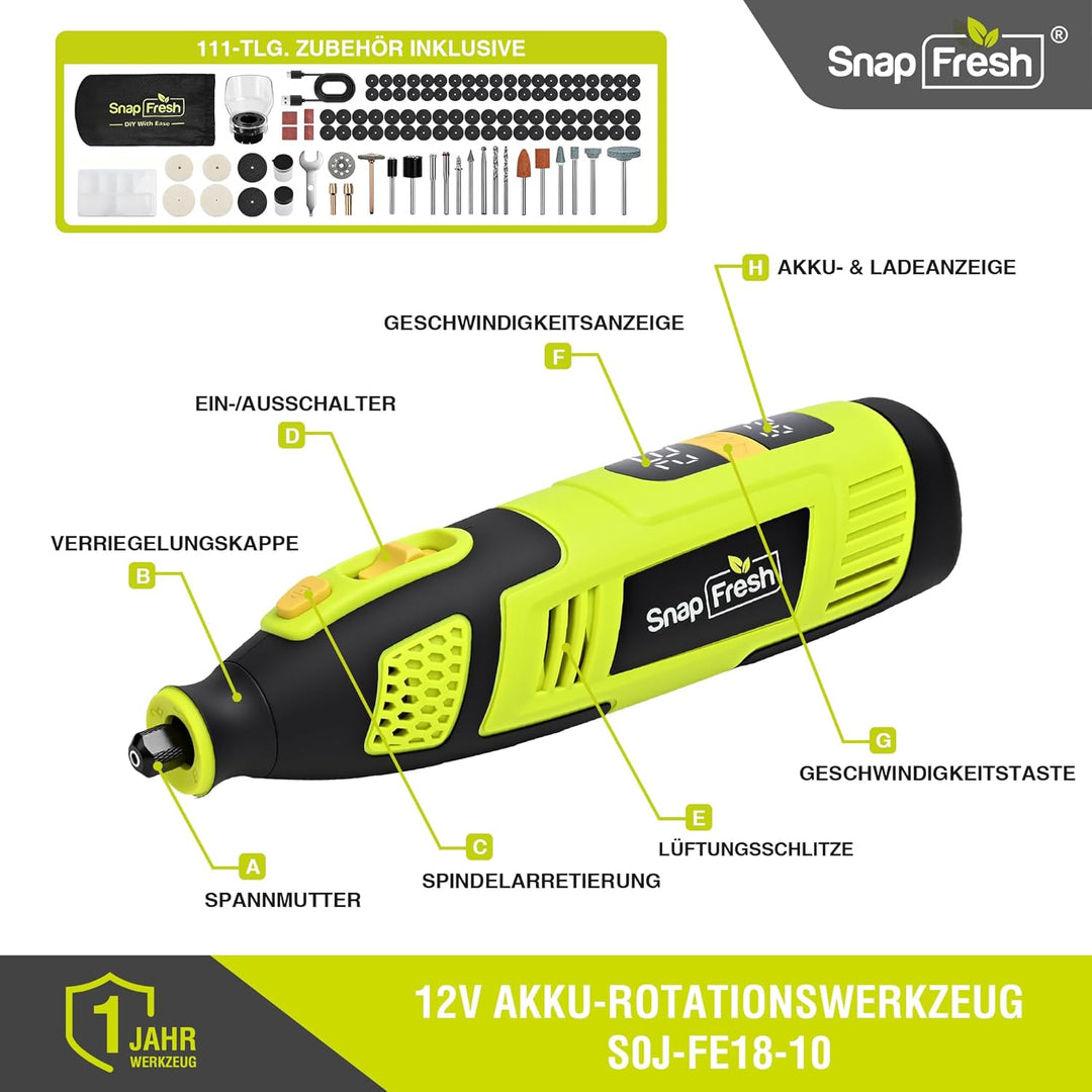 SnapFresh Akku-Rotationswerkzeug 12V Set mit 111 Zubehörteilen, variable Drehzahl 5.000–32.000 U/min