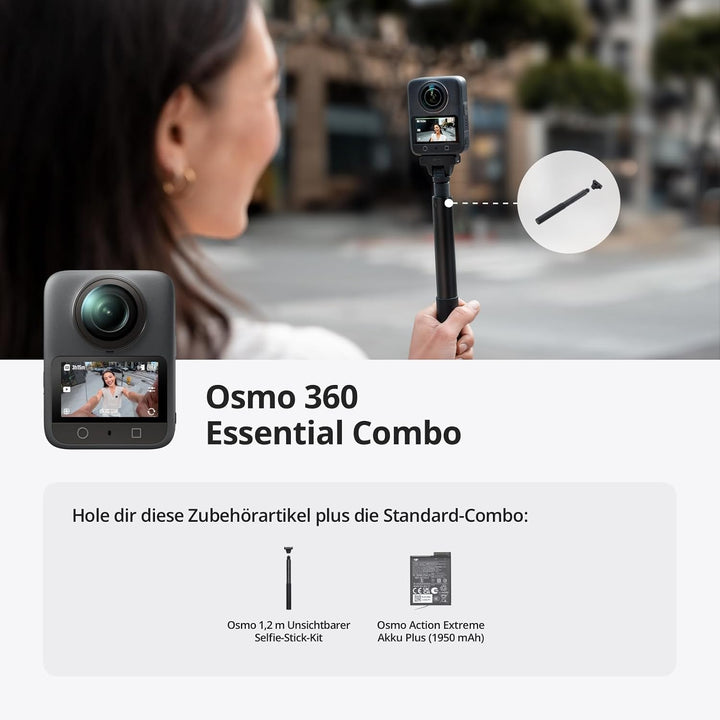 DJI Osmo 360 Essential Combo, 1,2 m unsichtbarer Selfie-Stick-Kit, 2 Akkus, Kamera 1-Zoll 360° Aufna