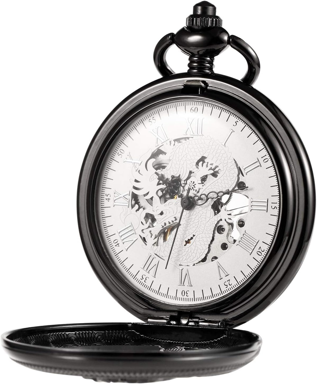 TREEWETO Unisex Taschenuhr mit Kette Analog Handaufzug Mechanisch Antik Drache Skelett Für Herren Da