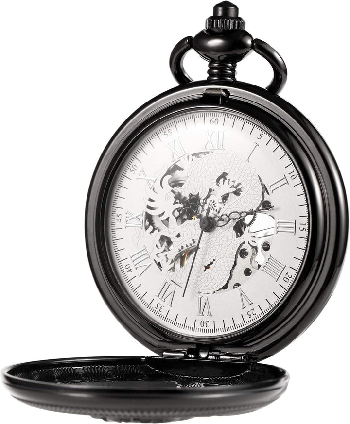 TREEWETO Unisex Taschenuhr mit Kette Analog Handaufzug Mechanisch Antik Drache Skelett Für Herren Da
