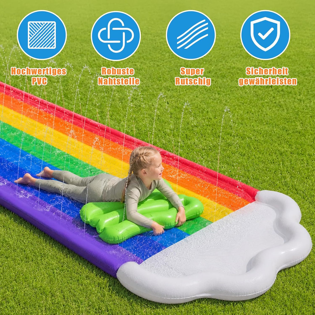 Morofme Regenbogen Wasserrutsche Garten für Kinder, 480x140cm Doppelte Wasser Rutschbahn mit Bodyboa