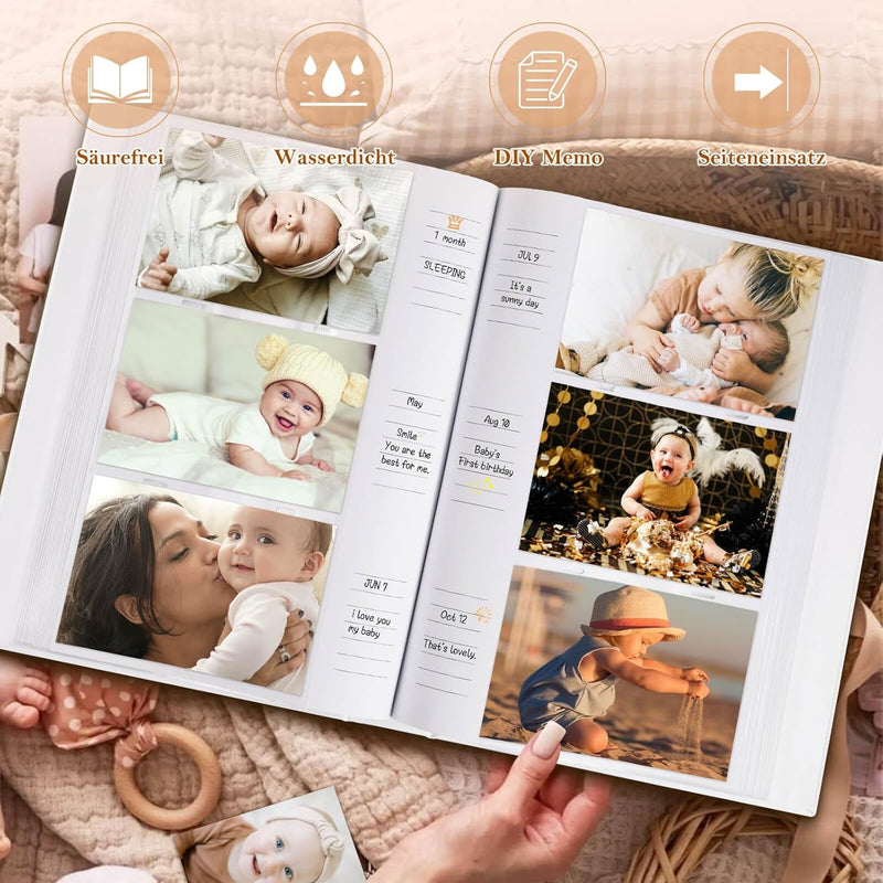 Lanpn Baby Fotoalbum 10x15 300 Fotos, Leinen Babyalbum mit Memo Schreibfeld, Fotoalbum Einsteckalbum