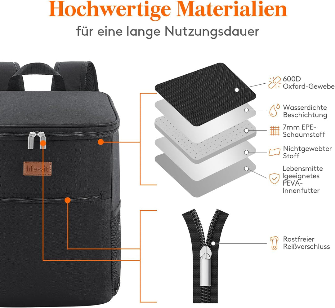 Lifewit 24L Kühl Rucksack Kühlrucksack Kühltasche Picknicktasche Gross Isoliert Cooler Bag Männer Fr