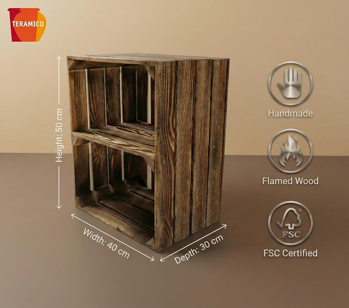 Teramico Massive Holzkisten als Schuhregal/Bücherregal LEICHT GEFLAMMT mit Zwischenbrett (verschraub