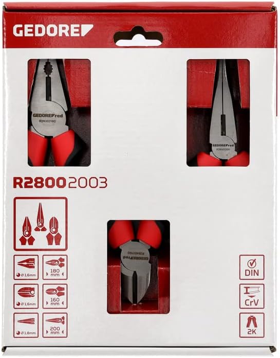 GEDORE red Zangen-Satz, Werkzeug-Set mit Kombinationszange/Seitenschneider/Flachrundzange, R28002003