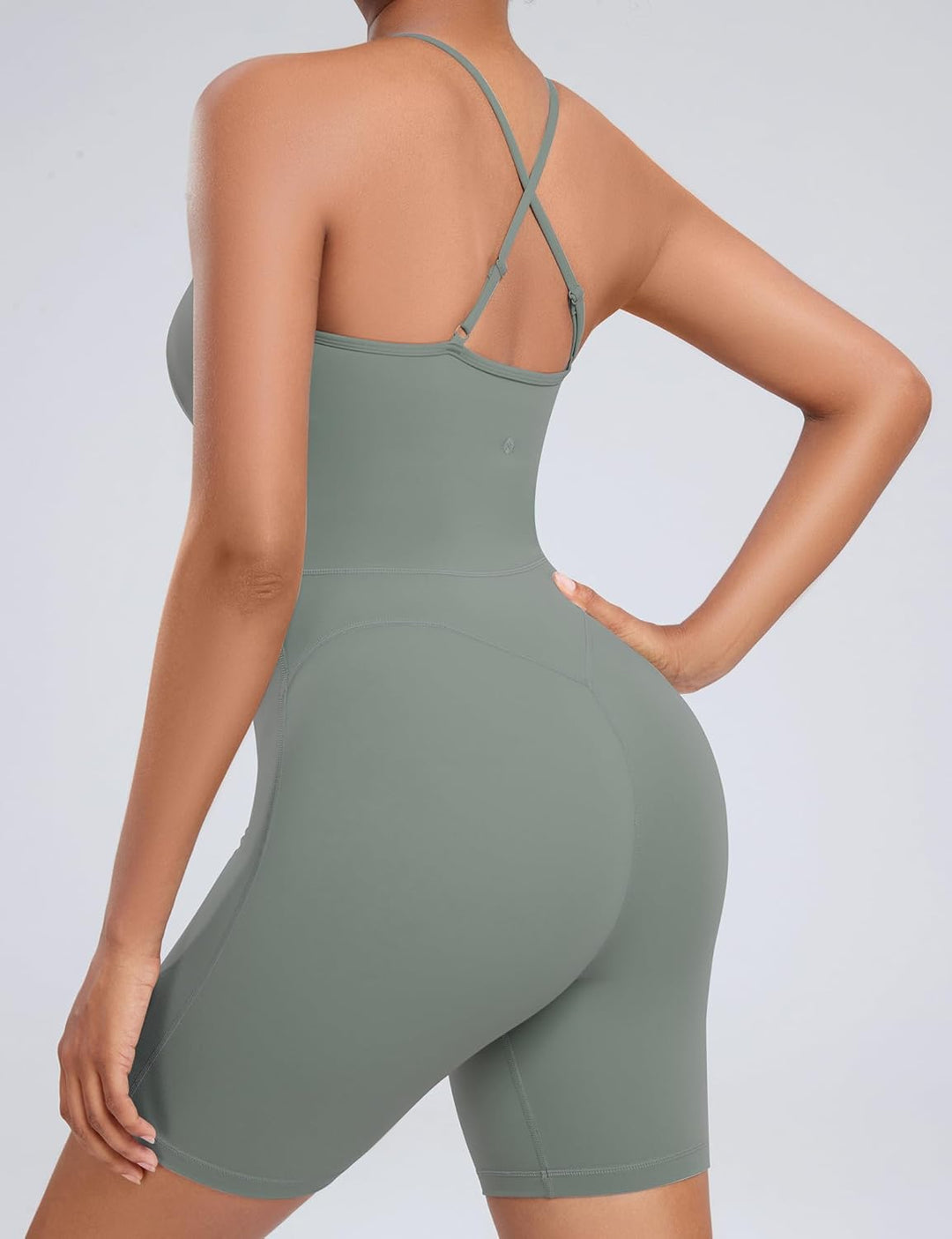 AGONVIN Damen Workout Spaghetti-Träger Rompers Shorts Bauchkontrolle Einteiler Jumpsuit XS Matcha-Gr