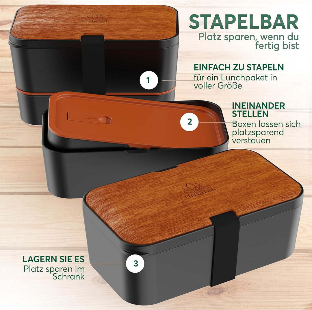 Umami Premium Lunchbox Erwachsene, Verschachtelbar Auslaufsichere Bento Box mit 4 Bestecke & Fächern