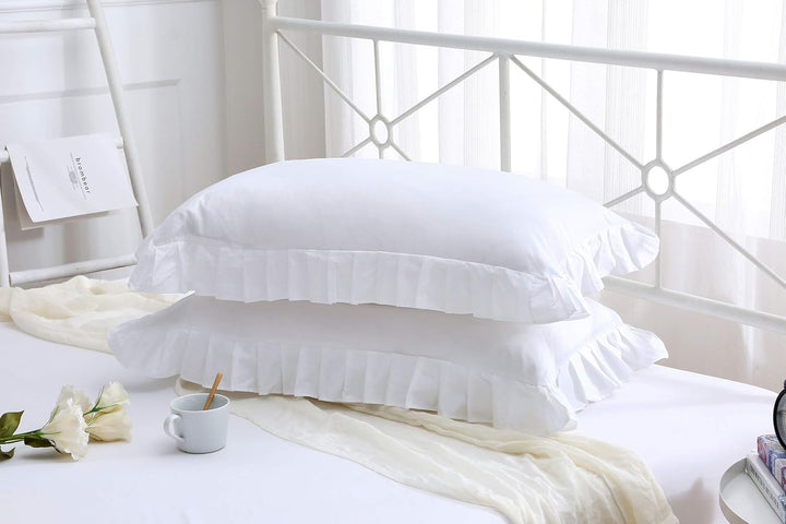 Meaning4 Kissenbezüge mit Saum Rüschen Baumwolle Weisse Bettwäsche 40 x 60 cm 2 Stück Weisse 40X60CM