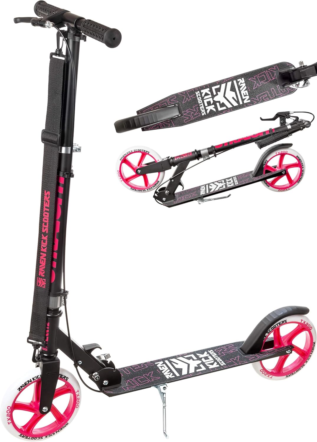 Raven Scooter, Roller, Tretroller, Kinderroller, 200mm mit Handbremse Straight Black/Pink, Straight