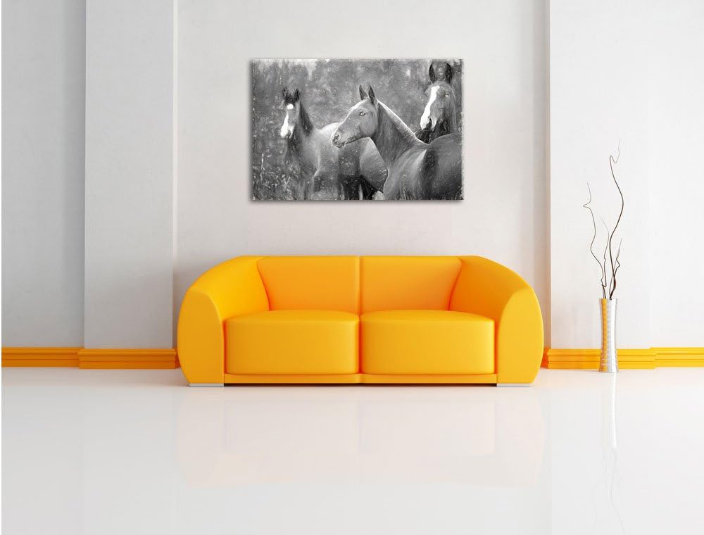 Pixxprint schöne Pferde auf der Wiese Kunst Kohle Effekt, Format: 100x70 auf Leinwand, XXL riesige B