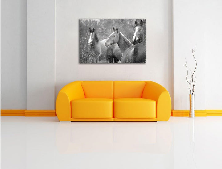 Pixxprint schöne Pferde auf der Wiese Kunst Kohle Effekt, Format: 100x70 auf Leinwand, XXL riesige B