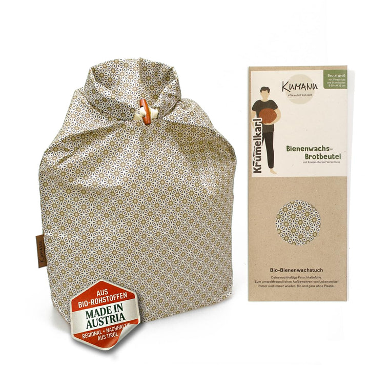 Kumanu |Bio-Bienenwachstuch - Brotbeutel KRÜMELKARL | H 35cm x B 29cm | mit Standboden und Verschlus