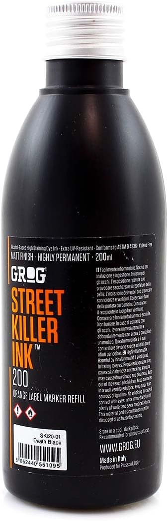 Grog Action Pack Death Black - Street Ink Refill 200ml + 25mm Empty Squeezer + Montana Pocket Marker
