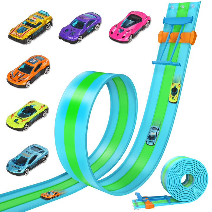 ACELIFE Flexible Autorennbahnen, 4.5M Autorennbahn Inklusive 6 Autos Tragbare Dreispurige Rennstreck