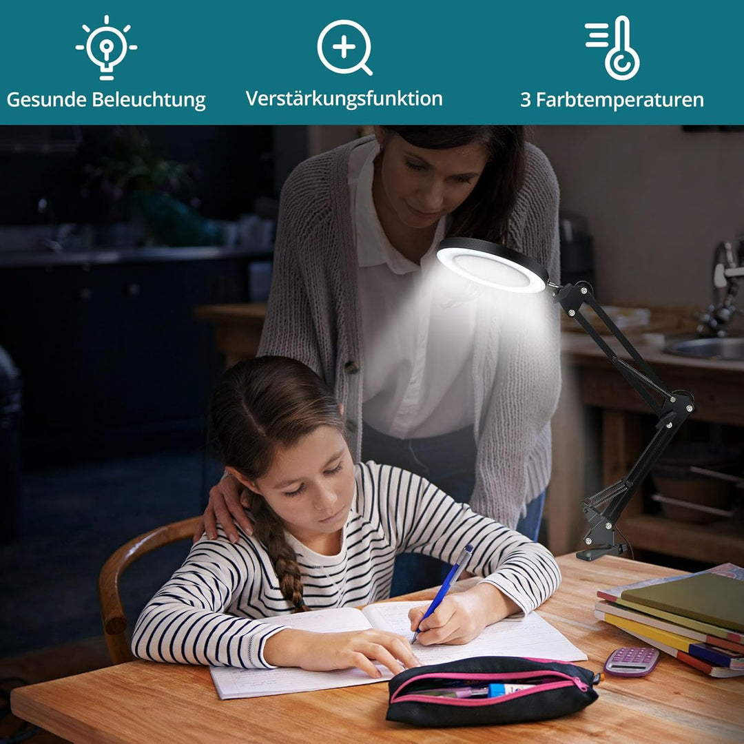 YGiTK 2-in-1 Vergrösserung Schrebtischlampe, 8X Lupe zum Lesen mit grossem Sockel/Klemme, LED Lupenl