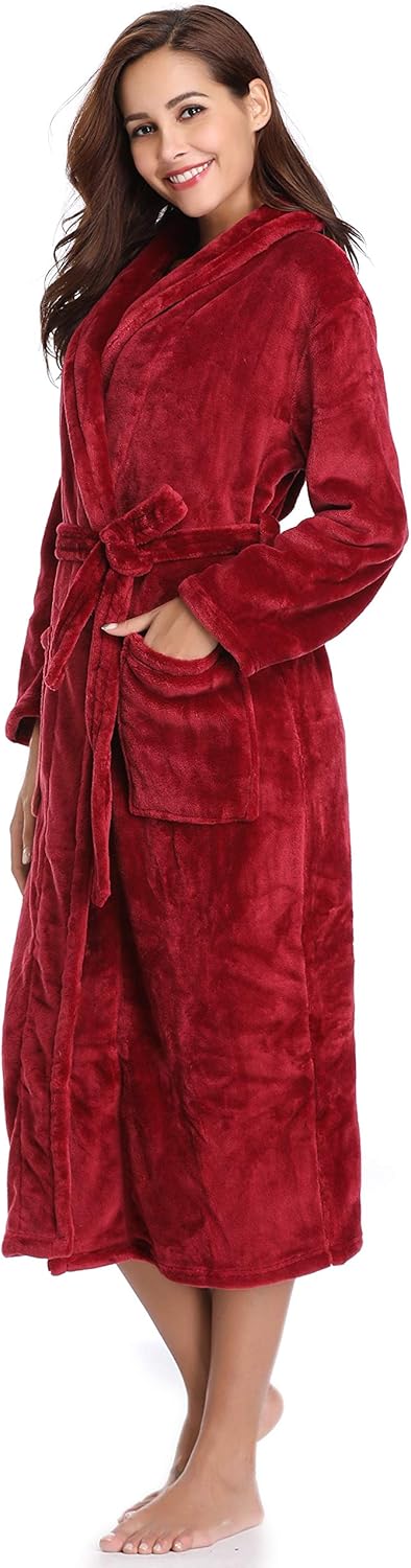 Vlazom Winter Bademantel weicher Flanell Bademantel Damen Saunamantel mit Kapuze Flauschiger Morgenm