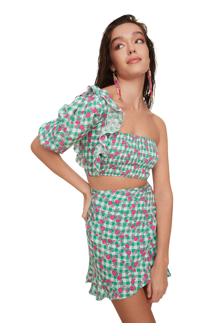 TRENDYOL Damen Armdetail Bedrucktes Sub-top-Team Skirt Set 36 Grün, 36 Grün