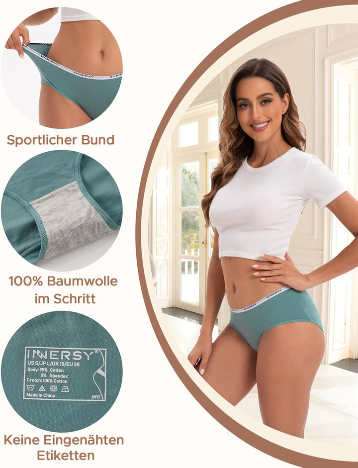 INNERSY Unterhosen Damen Baumwolle Atmungsaktive Hipster Unterwäsche Basic Bequem Panties 6er Pack X