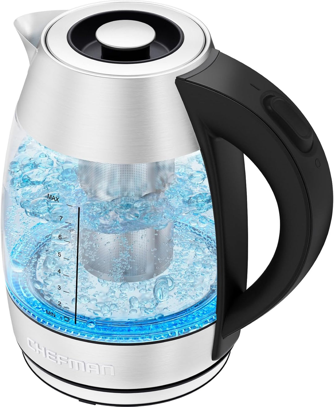 Chefman Elektrischer Wasserkocher Glas mit Teesieb, 1.8 Liter, LED-Anzeige, Abnehmbarer Deckel für L