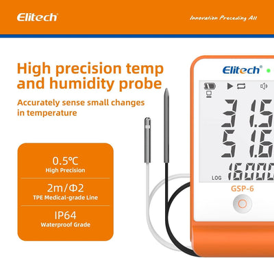 Elitech GSP-6 Temperatur Datenlogger Temperatur Luftfeuchtigkeits Datenlogger 16000 Punkte Aufnahmek