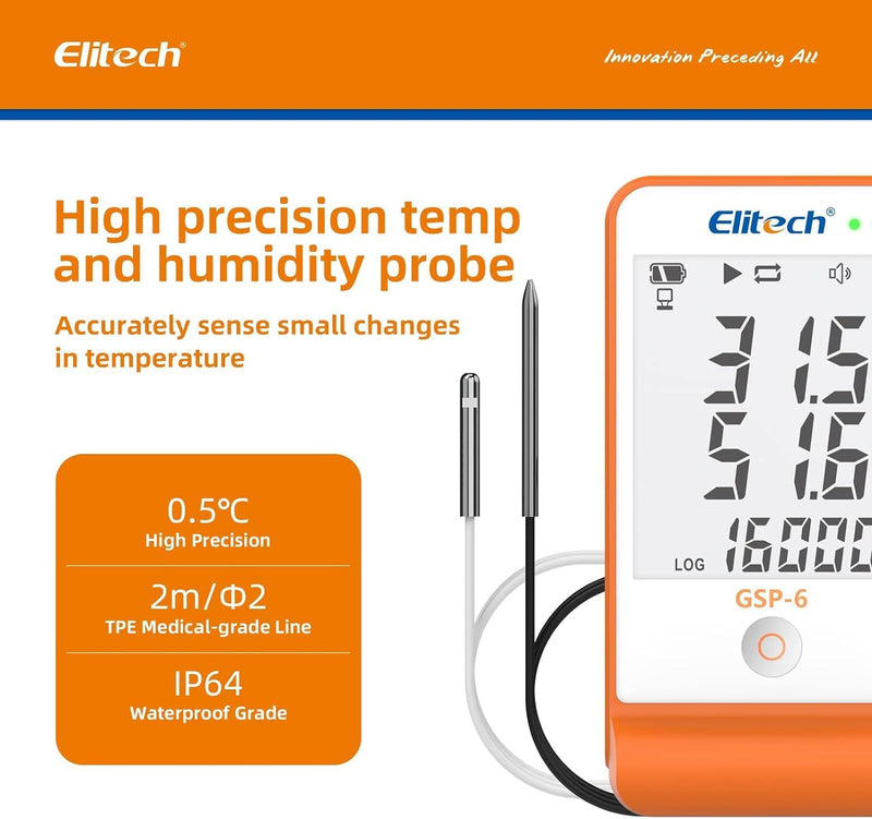 Elitech Temperatur Datenlogger, 16000 Punkte, Daten Aufzeichnungen und Export, Hohe Genauigkeit Sens