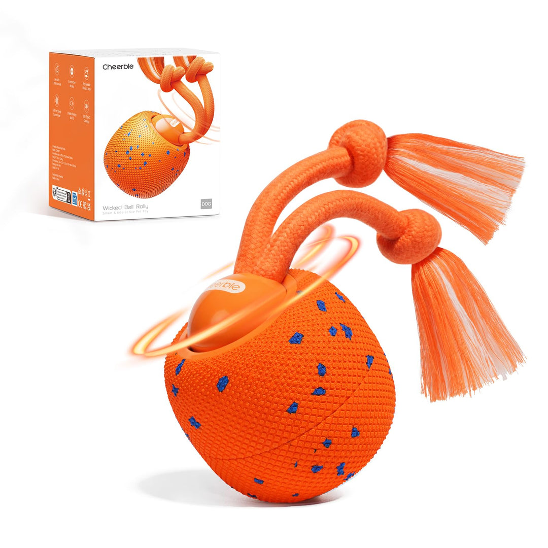 Cheerble Wicked Ball Rolly, interaktiver Hundeball mit Seil &amp; Bellen Orange | Selbstrollendes Hundes