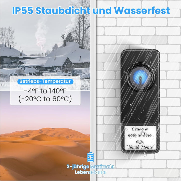 Funkklingel, PHYSEN Funk Türklingel IP55 aussen wasserdicht, 400m Reichweite Haustür Klingel mit 2 S