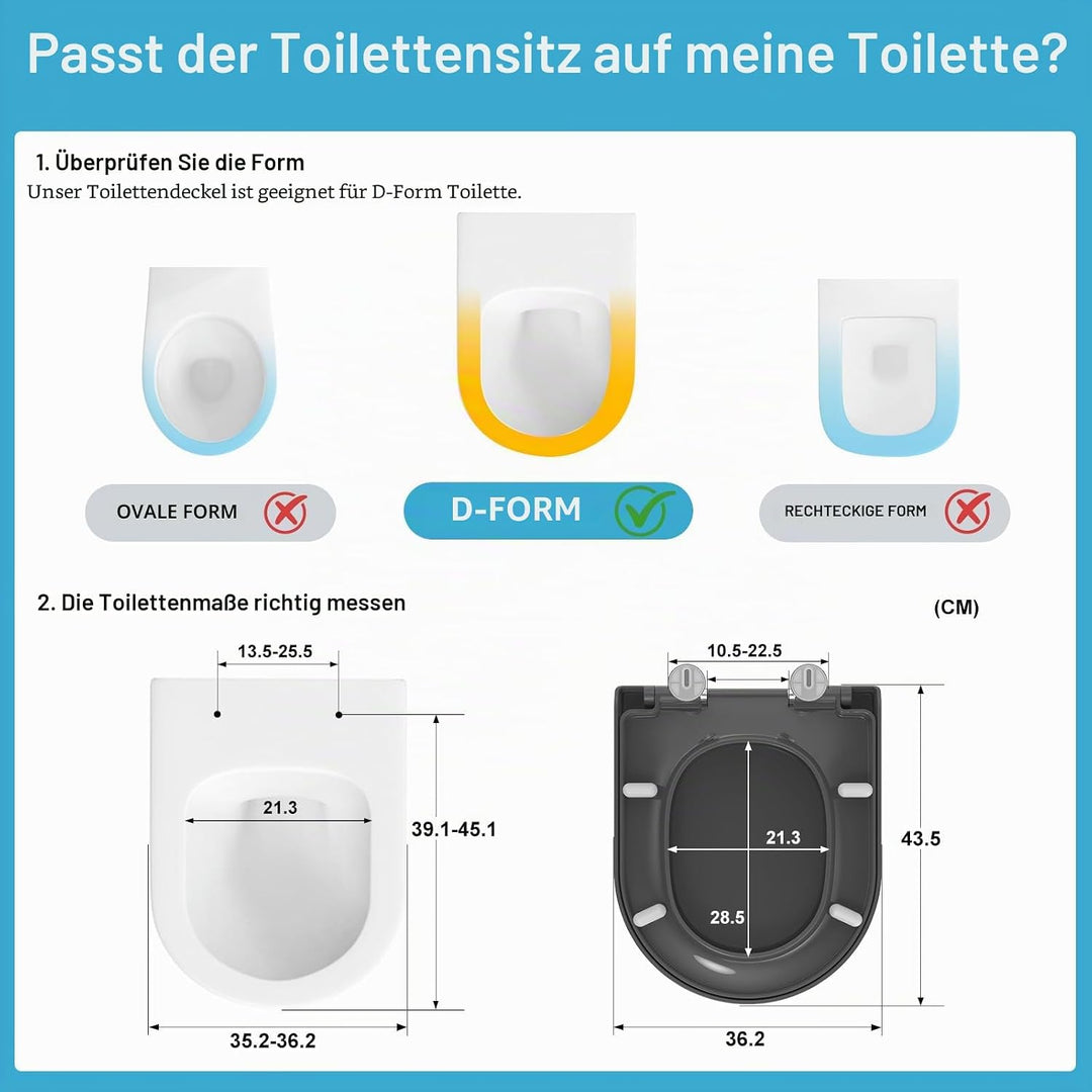 YEAUPE PRO WC Sitz D Form [KURZ], Grau | Toilettendeckel mit Absenkautomatik | Klodeckel, Klobrille