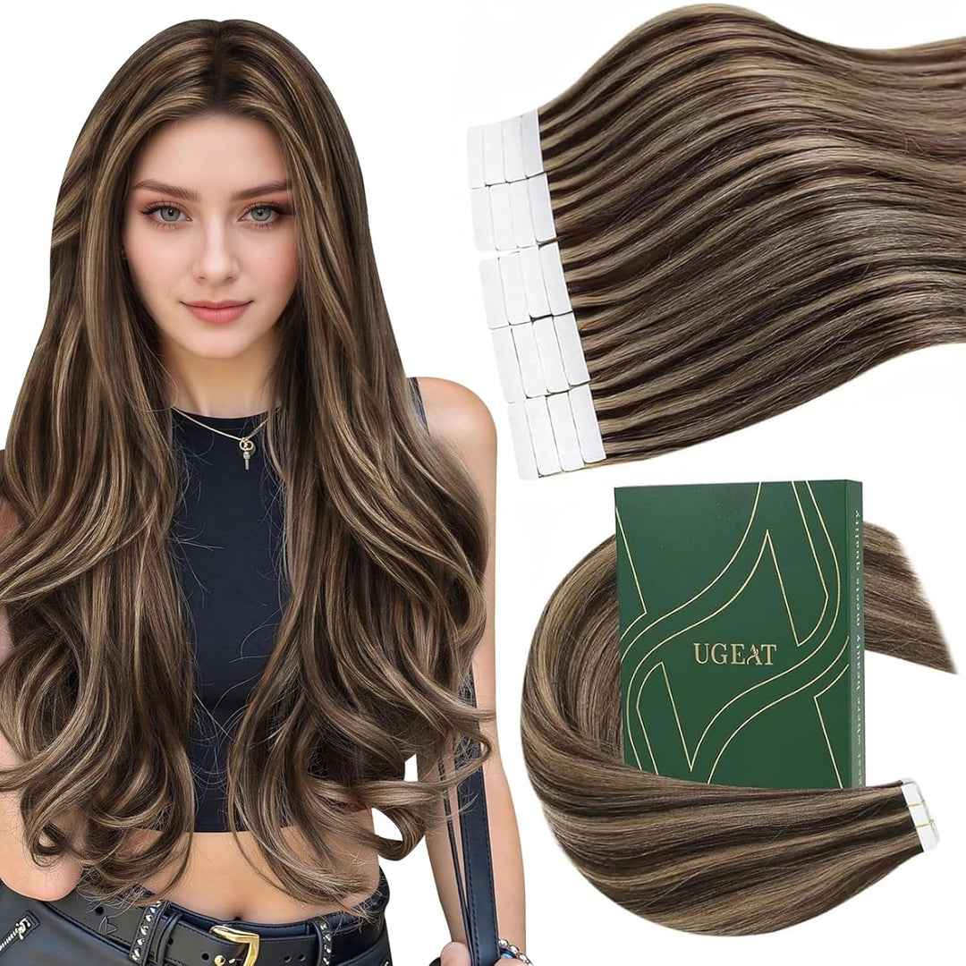 Ugeat Tape Extensions Echthaar 45cm Dunkel Braun mit Karamel Blond Tape in Extensions Echthaar Doppe