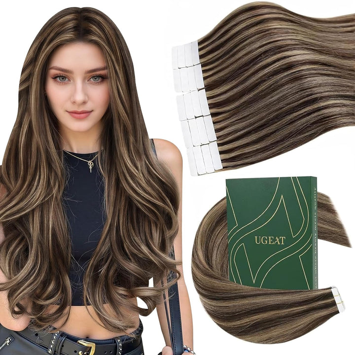 Ugeat Tape Extensions Echthaar 45cm Dunkel Braun mit Karamel Blond Tape in Extensions Echthaar Doppe
