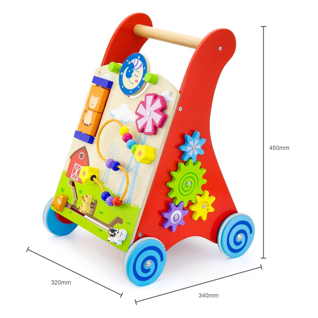 Lauflernwagen Lauflerner, Activity Babywalker mit Motorikbrett aus FSC-Holz, mit Gummilaufringen und