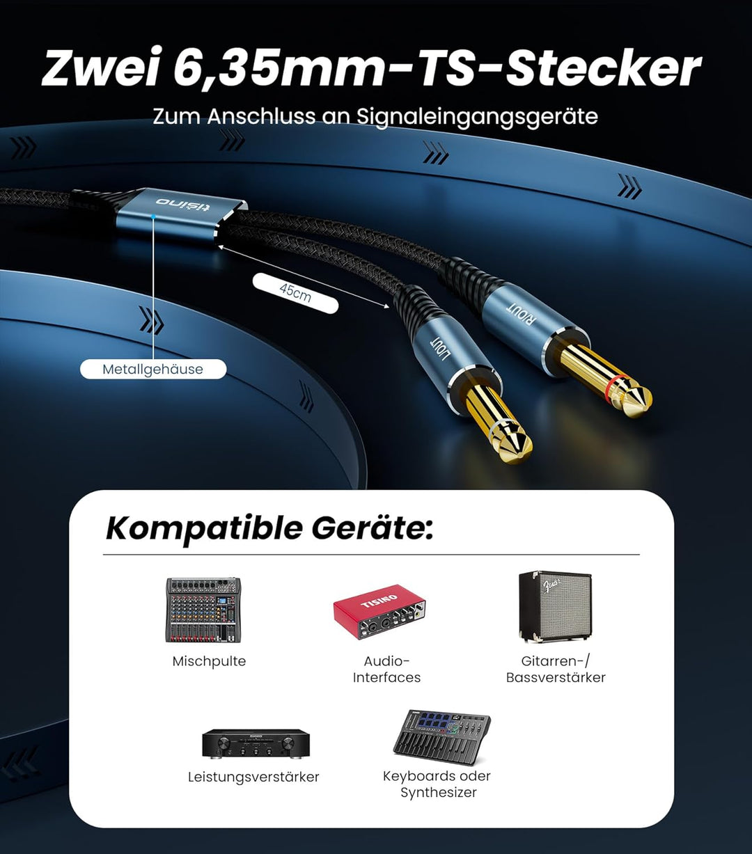 Tisino Dual 6,35mm TS Klinkenstecker auf XLR Splitterkabel (2m), XLR Stecker auf Dual 6,35mm TS Mono