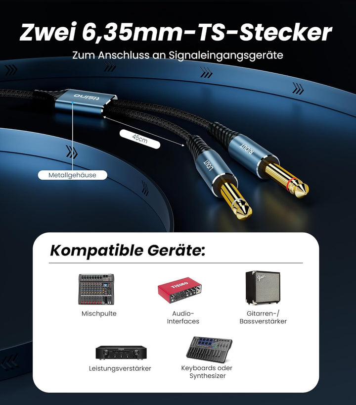 Tisino Dual 6,35mm TS Klinkenstecker auf XLR Splitterkabel (2m), XLR Stecker auf Dual 6,35mm TS Mono