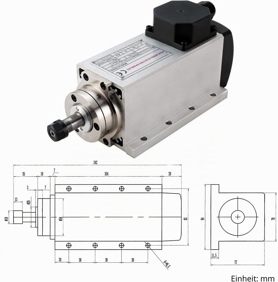 CNC Spindelmotor 220 V 1,5 kW 1500 W ER16 Spannzange Vierkant Luftgekühlter Spindelmotor 4 Lager 240