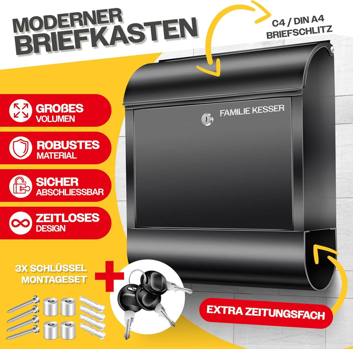 KESSER® XXL Briefkasten Edelstahl mit Zeitungsfach, gebürstet, 3X Schlüssel abschliessbar, Pulverbes