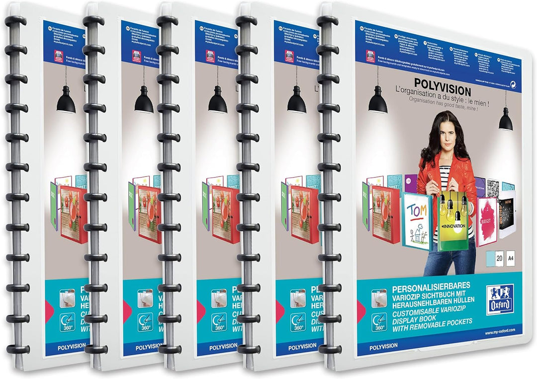 Oxford polyvision Ringmappe A4, mit vario-zipp, 20 Hüllen, weiss, 5er Pack weiss Single, weiss Singl