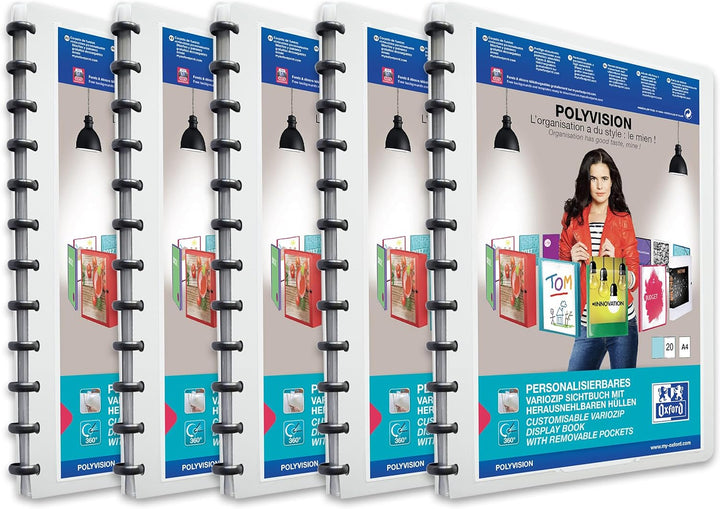 Oxford polyvision Ringmappe A4, mit vario-zipp, 20 Hüllen, weiss, 5er Pack weiss Single, weiss Singl