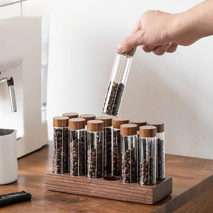 Walnuss Massivholzsockel Kaffeedosen 12 Röhren Kaffeebohnen-Aufbewahrung aus Holz für einzelne Porti