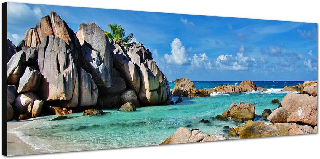 Paul Sinus Art Panoramabild auf Leinwand und Keilrahmen 150x50cm Seychellen Strand Meer Felsen