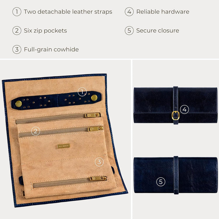Time Resistance Blau Leder Schmuck Organizer – 100% Leder Schmuckrolle für Reisen Hergestellt in Ita