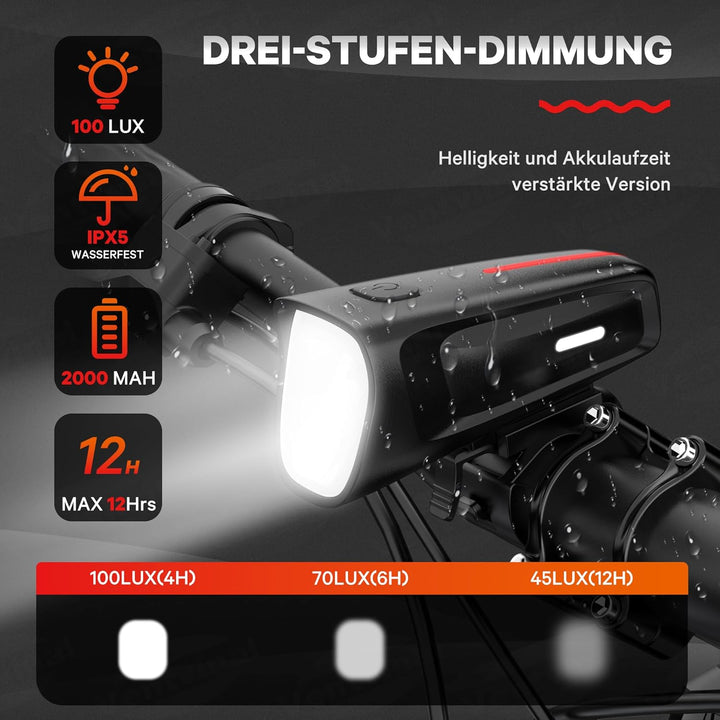LED Fahrradlicht Vorne 100 LUX, Fahrradbeleuchtung stvzo zugelassen, Fahrradlampe USB Aufladbar mit