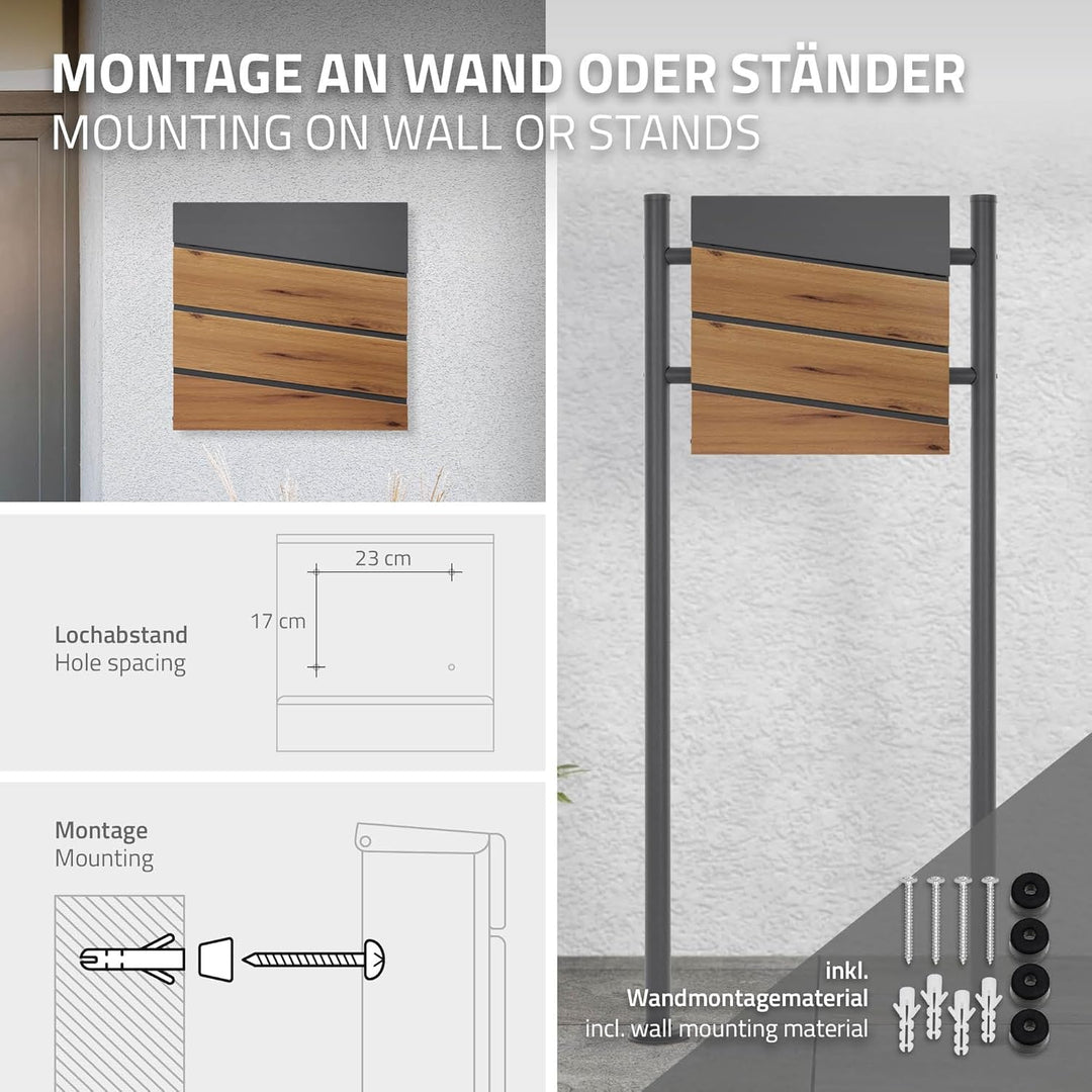 ML-Design Briefkasten Anthrazit/Holzoptik Eiche, aus Stahl, Postkasten mit Zeitungsfach, Abschliessb