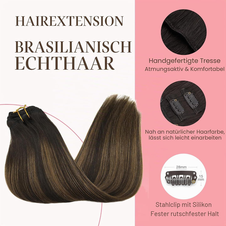 GOO GOO Clip in Extensions Echthaar, Echthaar Extensions Clip, 35cm 120g 7pcs, Clip In Haarverlänger